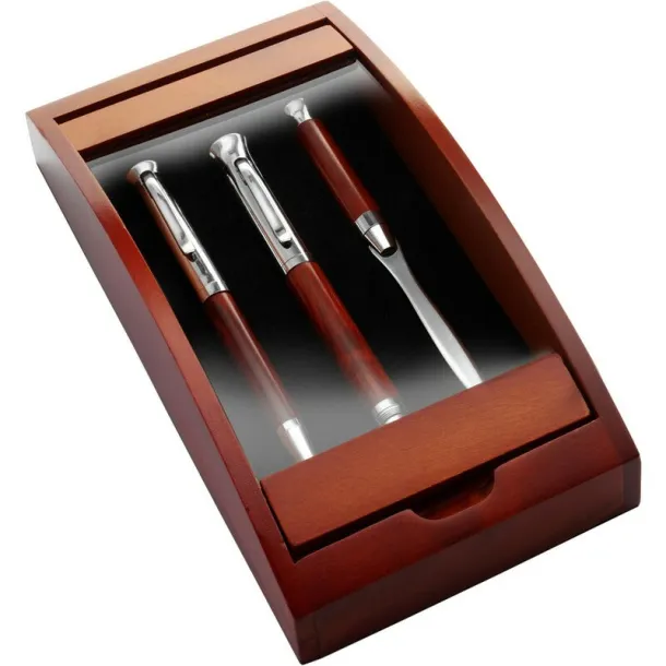  Writing set, ball pen, fountain pen and letter opener wood