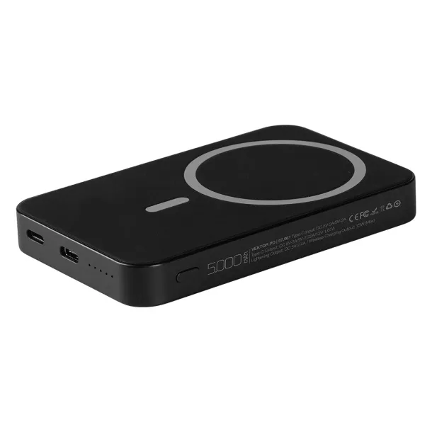 VEKTOR PD Magnetna prijenosna baterija s bežičnim punjačem - ​​15 W, 5 000 mAh Crna
