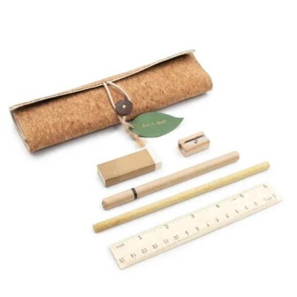  School set in cork pouch, pencil case wood