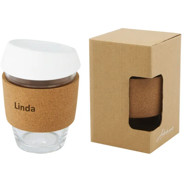 Lidan 360 ml borosilicate glass tumbler with cork grip and silicone lid - Unbranded White