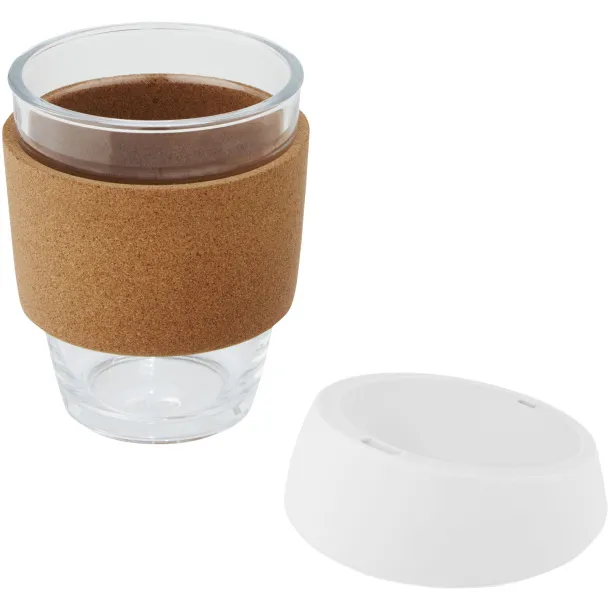 Lidan 360 ml borosilicate glass tumbler with cork grip and silicone lid White