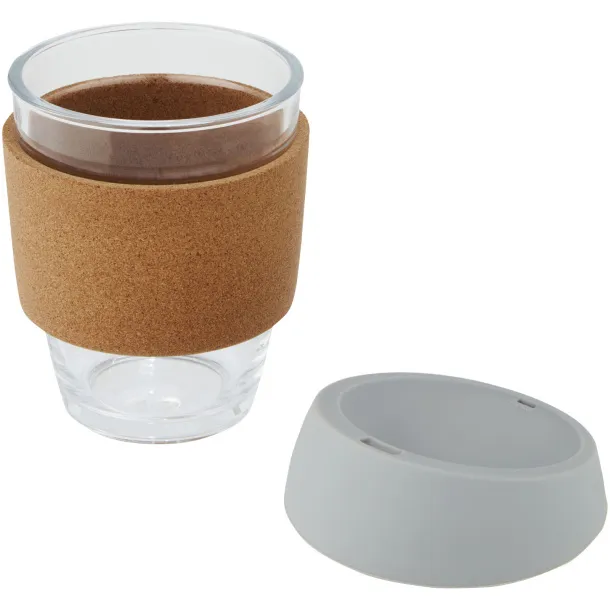 Lidan 360 ml borosilicate glass tumbler with cork grip and silicone lid Grey