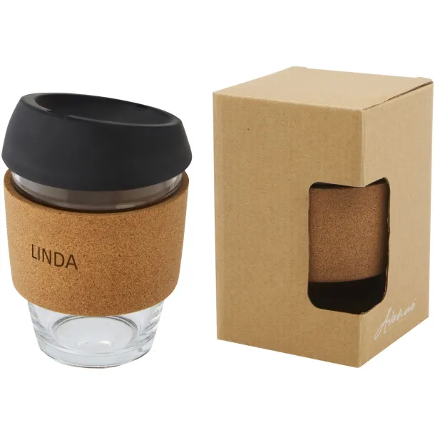 Lidan 360 ml borosilicate glass tumbler with cork grip and silicone lid Crna
