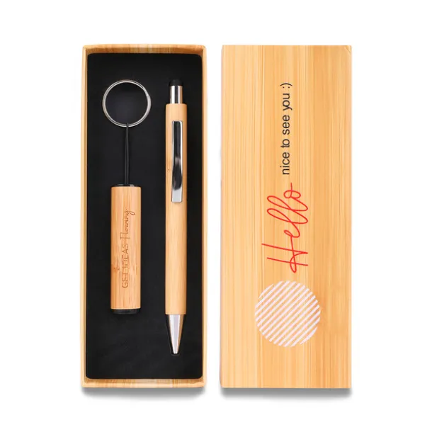 PELAK bamboo pen and torch keychain in a gift box Beige