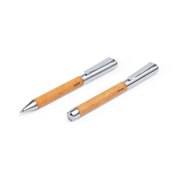  Recycled leather writing set, ball pen and roller ball pen neutral