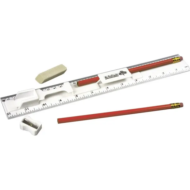  Ruler, 2 pencils, pencil sharpener and eraser white