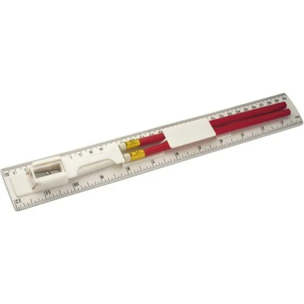  Ruler, 2 pencils, pencil sharpener and eraser white