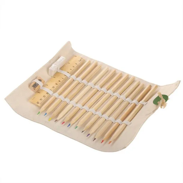  School set, pencil case, 12 pencils, ruler, eraser and pencil sharpener beige