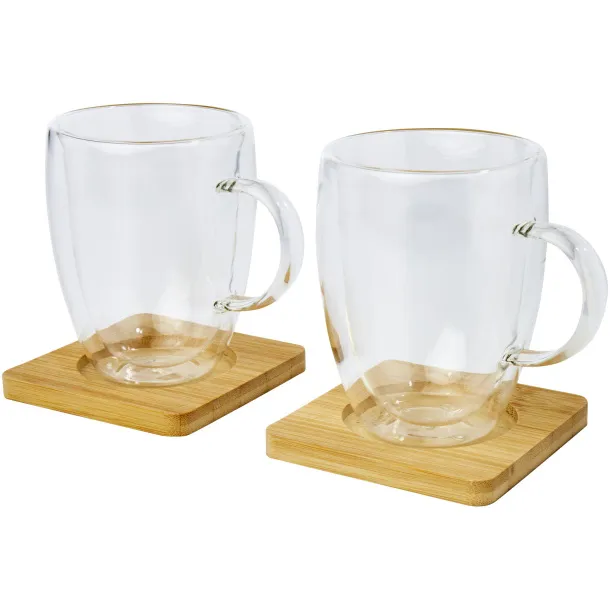 Manti 2-piece 350 ml double-wall glass cup with bamboo coaster - Seasons White Natural