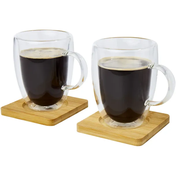 Manti 2-piece 350 ml double-wall glass cup with bamboo coaster - Seasons White Natural