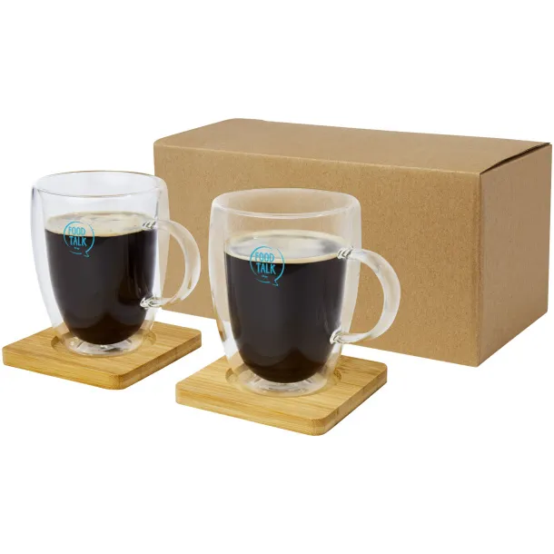 Manti 2-piece 350 ml double-wall glass cup with bamboo coaster - Seasons White Natural