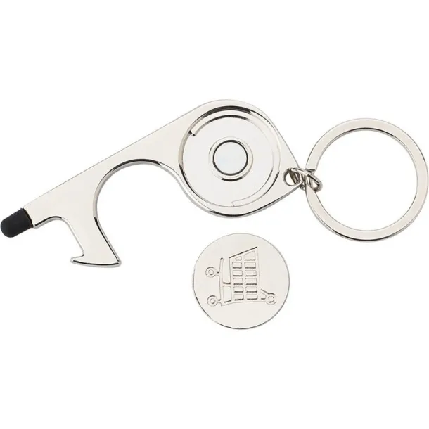  Keyring, anti-contact holder for door opening, touch pen and shopping cart coin silver