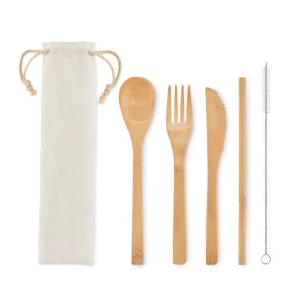 SETSTRAW bamboo cutlery set in pouch Beige