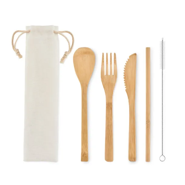 SETSTRAW bamboo cutlery set in pouch Beige