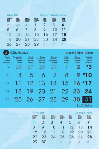  "TRODJELNI STOLNI VERTIKALNI" 12 list., dim: 10x19 cm, stolni kalendar, P/100 Color