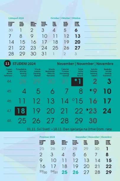  "TRODJELNI STOLNI VERTIKALNI" 12 list., dim: 10x19 cm, stolni kalendar, P/100 Color