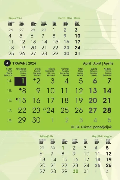  "TRODJELNI STOLNI VERTIKALNI" 12 list., dim: 10x19 cm, stolni kalendar, P/100 Color
