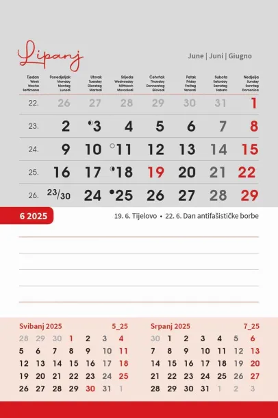  "TRODJELNI STOLNI VERTIKALNI" 12 sheets, format: 10x19 cm, desk calendar, P/50 Color