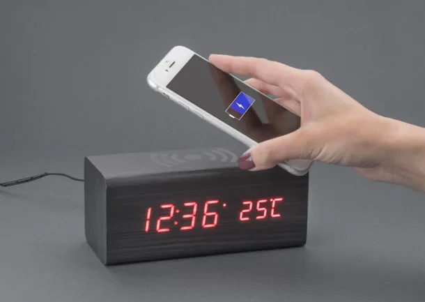 CORNELL Desk clock with wireless charger czarny