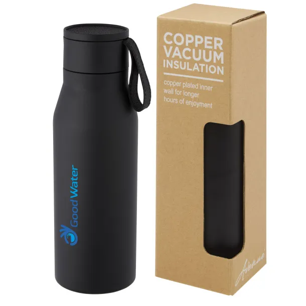 Ljungan 500 ml copper vacuum insulated stainless steel bottle with PU leather strap and lid Solid black