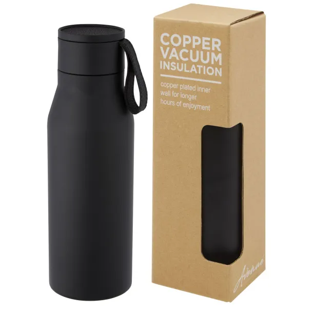 Ljungan 500 ml copper vacuum insulated stainless steel bottle with PU leather strap and lid Solid black