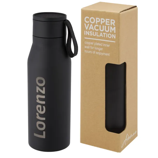 Ljungan 500 ml copper vacuum insulated stainless steel bottle with PU leather strap and lid Solid black