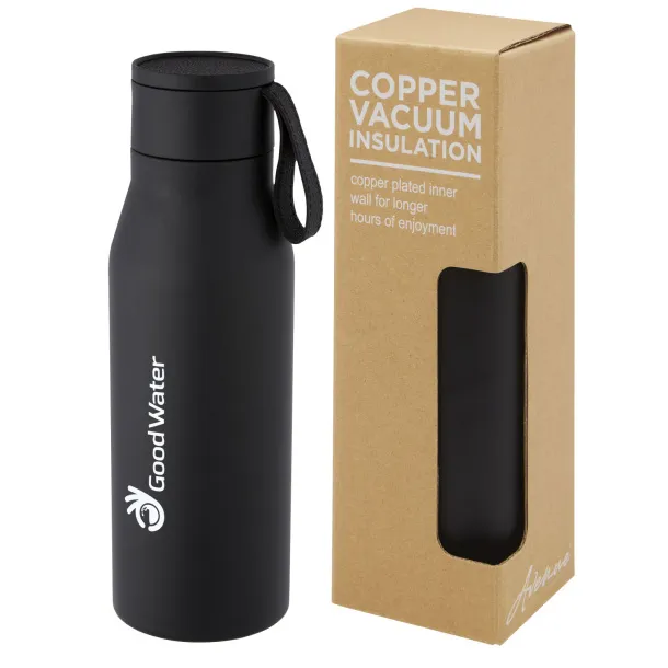 Ljungan 500 ml copper vacuum insulated stainless steel bottle with PU leather strap and lid Solid black