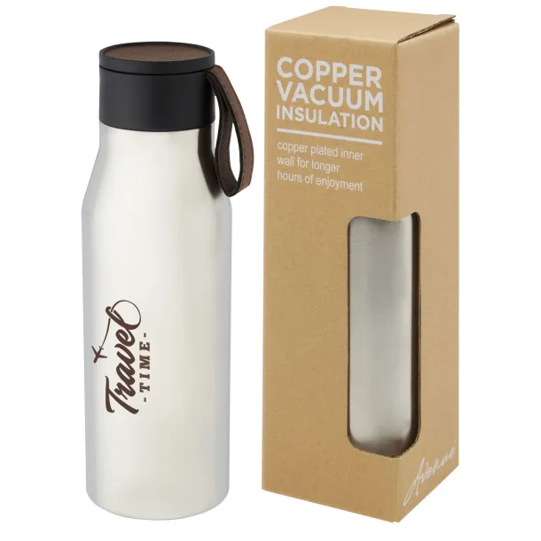 Ljungan 500 ml copper vacuum insulated stainless steel bottle with PU leather strap and lid Silver