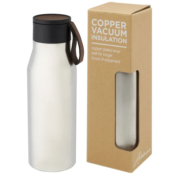 Ljungan 500 ml copper vacuum insulated stainless steel bottle with PU leather strap and lid Silver