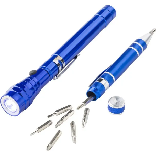  Tool set, 3 LED telescopic torch, screwdriver 8 el. Plava