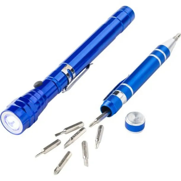  Tool set, 3 LED telescopic torch, screwdriver 8 el. blue