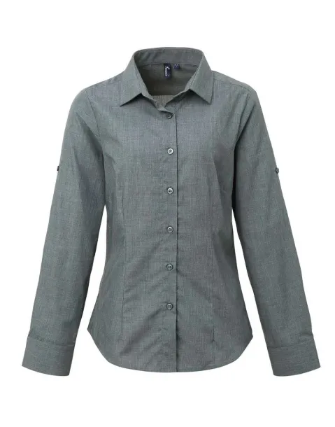  WOMEN'S CROSS-DYE ROLL SLEEVE POPLIN BAR SHIRT - Premier Grey Denim