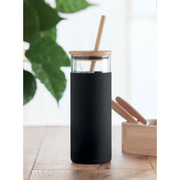 STRASS Glass tumbler 450ml bamboo lid Black