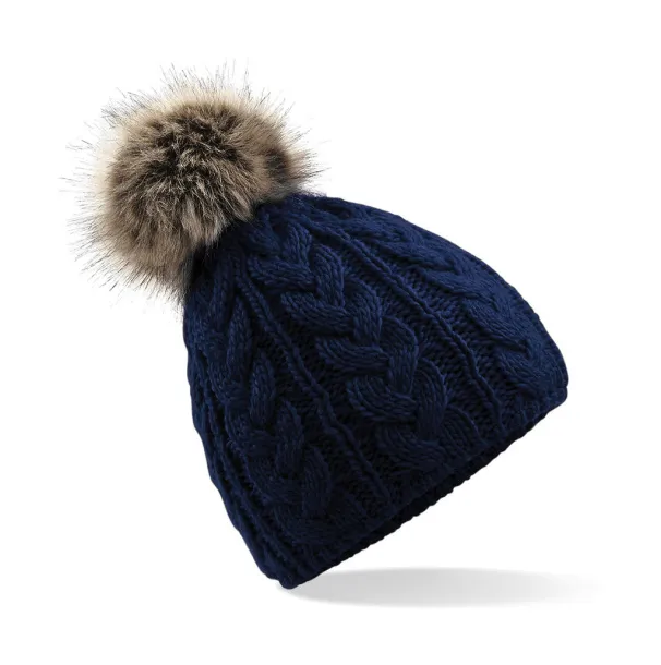  Kapa s uzorkom pletenice i pom pomom od umjetnog krzna - Beechfield Mornarsko plava