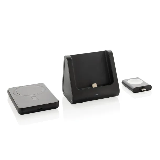 Powerbase 3u1 bežični punjač s powerbankom od RCS reciklirane plastike - XD Collection Crna 
