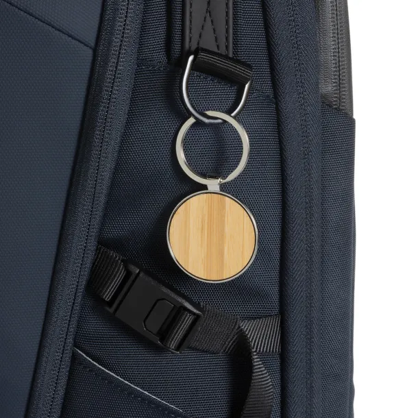  RCS recycled zinc alloy round keychain with bamboo - XD Collection Silver Brown