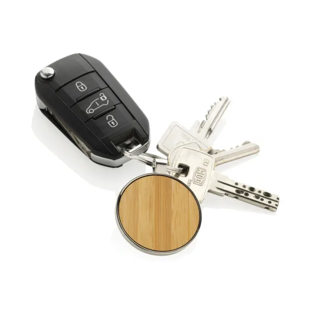 RCS recycled zinc alloy round keychain with bamboo - XD Collection Silver Brown