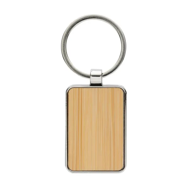  RCS recycled zinc alloy rectangle keychain with bamboo - XD Collection Silver Brown