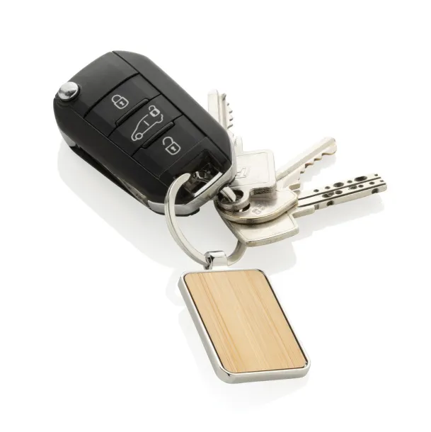  RCS recycled zinc alloy rectangle keychain with bamboo - XD Collection Silver Brown