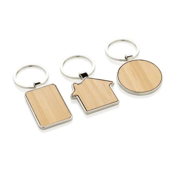  RCS recycled zinc alloy rectangle keychain with bamboo - XD Collection Silver Brown