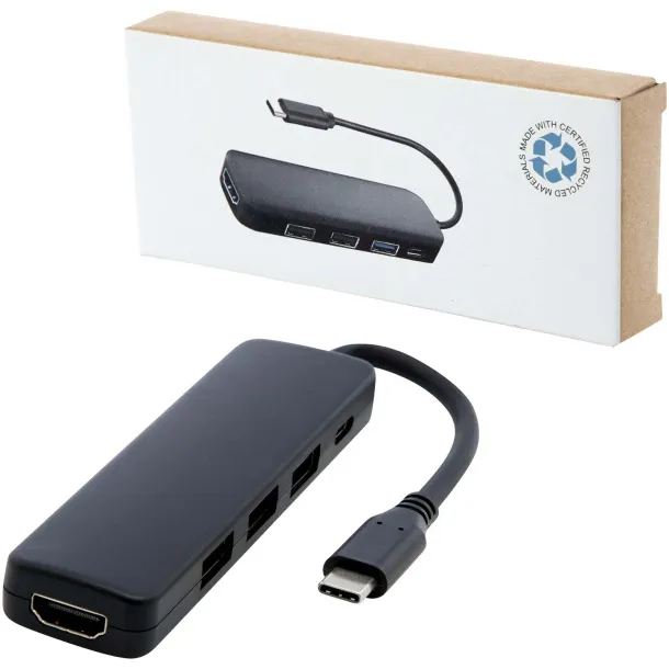 Loop RCS multimedijski USB hub od reciklirane plastike s USB 2.0-3.0 i HDMI priključkom Crna