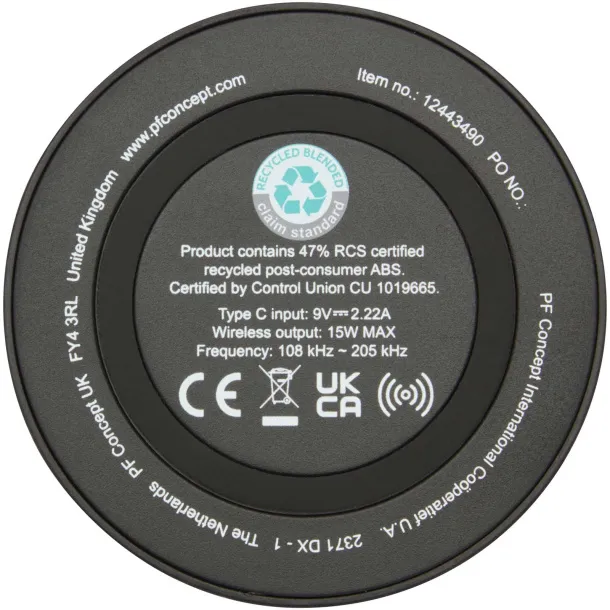 Freal 15W recycled plastic wireless charging pad Crna