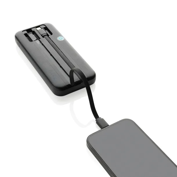Turbopack prijenosna baterija s inegriranim kabelima od RCS rplastike, 10 000 mAh - XD Collection Crna