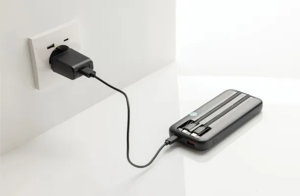 Turbopack prijenosna baterija s inegriranim kabelima od RCS rplastike, 10 000 mAh - XD Collection Crna