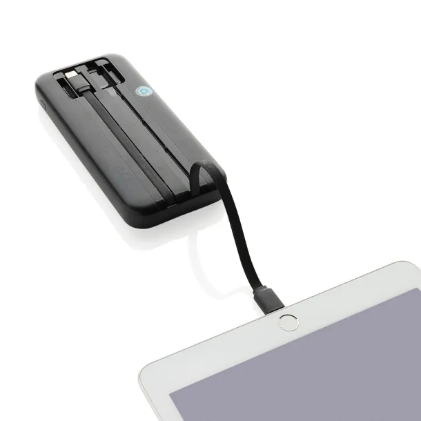 Turbopack prijenosna baterija s inegriranim kabelima od RCS rplastike, 10 000 mAh - XD Collection Crna