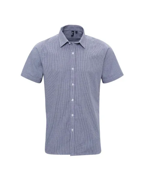  MEN'S SHORT SLEEVE GINGHAM COTTON MICROCHECK SHIRT - Premier Navy White