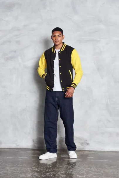  VARSITY JACKET - Just Hoods Jet Black Sun Yellow