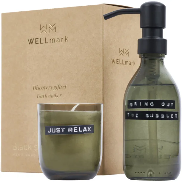 Wellmark Discovery Dozator sa sapunom 200 ml i set mirisnih svijeća 150 g s mirisom tamnog jantara - WELLmark Forest green
