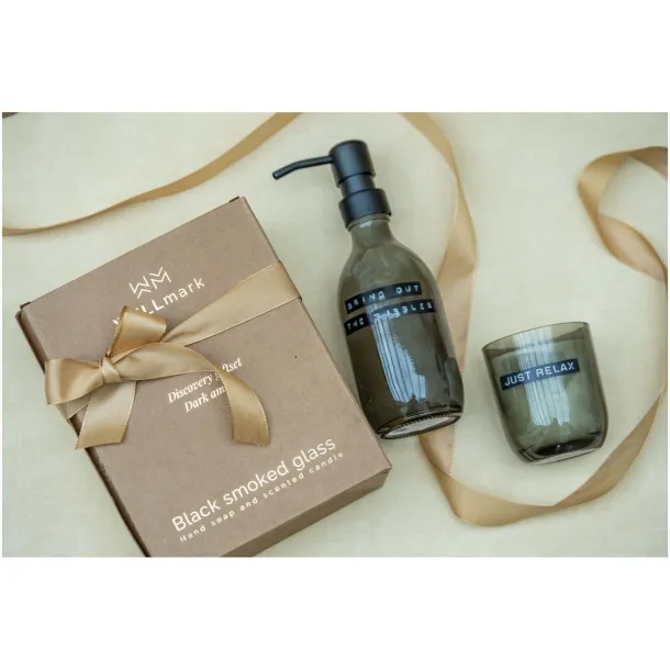 Wellmark Discovery 200 ml hand soap dispenser and 150 g scented candle set - dark amber fragrance - WELLmark Forest green
