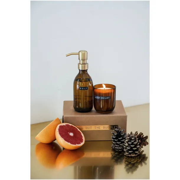Wellmark Discovery 200 ml hand soap dispenser and 150 g scented candle set - bamboo fragrance - WELLmark Amber heather